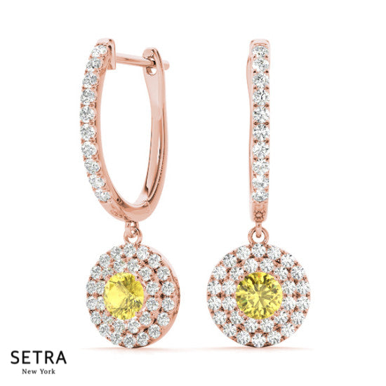 Yellow Sapphire & Round Cut Diamonds Dangling Earring 14kt Gold