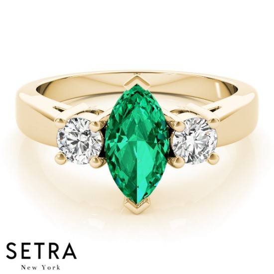 14k Rose Gold Center Marquise Emerald Gem & Diamonds Fashion Ring