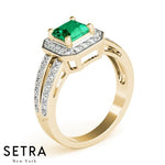 Halo Ring 14k Gold Center Princess Cut Emerald Gem & Diamonds