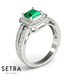 Halo Ring 14k Gold Center Princess Cut Emerald Gem & Diamonds