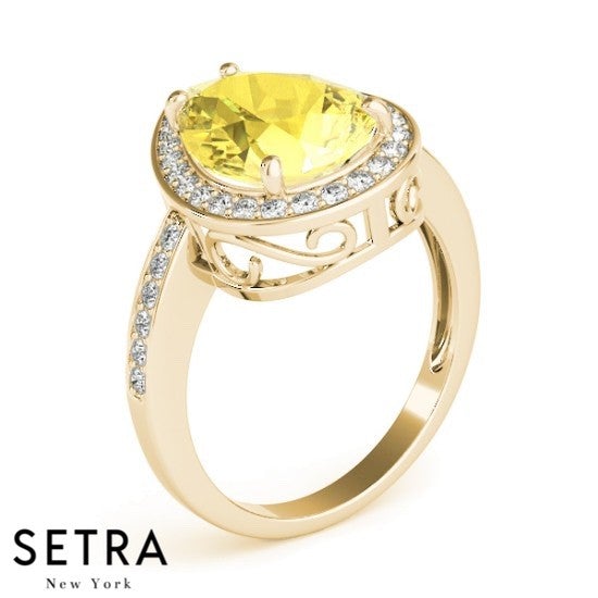 Lab Grown Diamonds & Genuine Pear Cut Yellow Sapphire Ring 14kt Gold