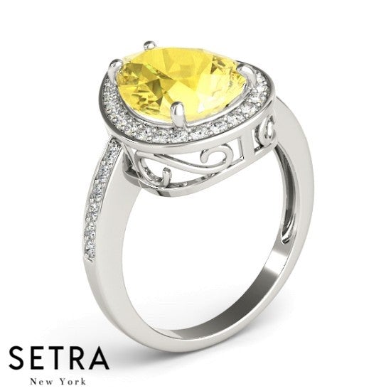 Lab Grown Diamonds & Genuine Pear Cut Yellow Sapphire Ring 14kt Gold