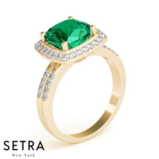 Lab Grown Diamonds Cushion Cut Emerald Ring 14kt Gold