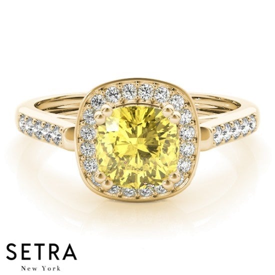 Lab Grown Diamonds & Genuine Cushion Cut Yellow Sapphire Ring 14kt Gold