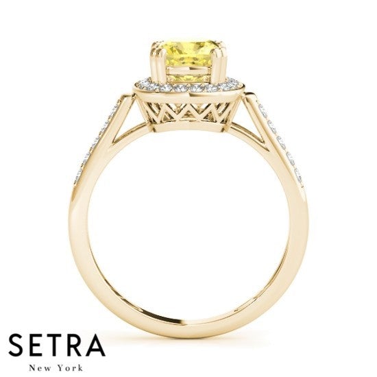 Lab Grown Diamonds & Genuine Cushion Cut Yellow Sapphire Ring 14kt Gold